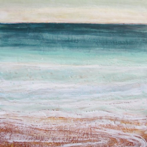 Beach Flow by Peg Bachenheimer. This 30x30 painting greets me every morning. Notice the way the wax swirls and simulates the movement of oceanic waters and sand.
