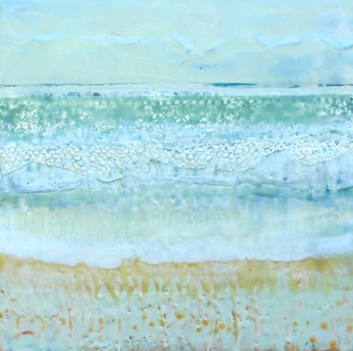"In the Beginning" by Peg Bachenheimer. 16x16 Encaustic Painting. I just love the texture of this piece in addition to the soothing colors. I can't help but feel calmed when I look at it.