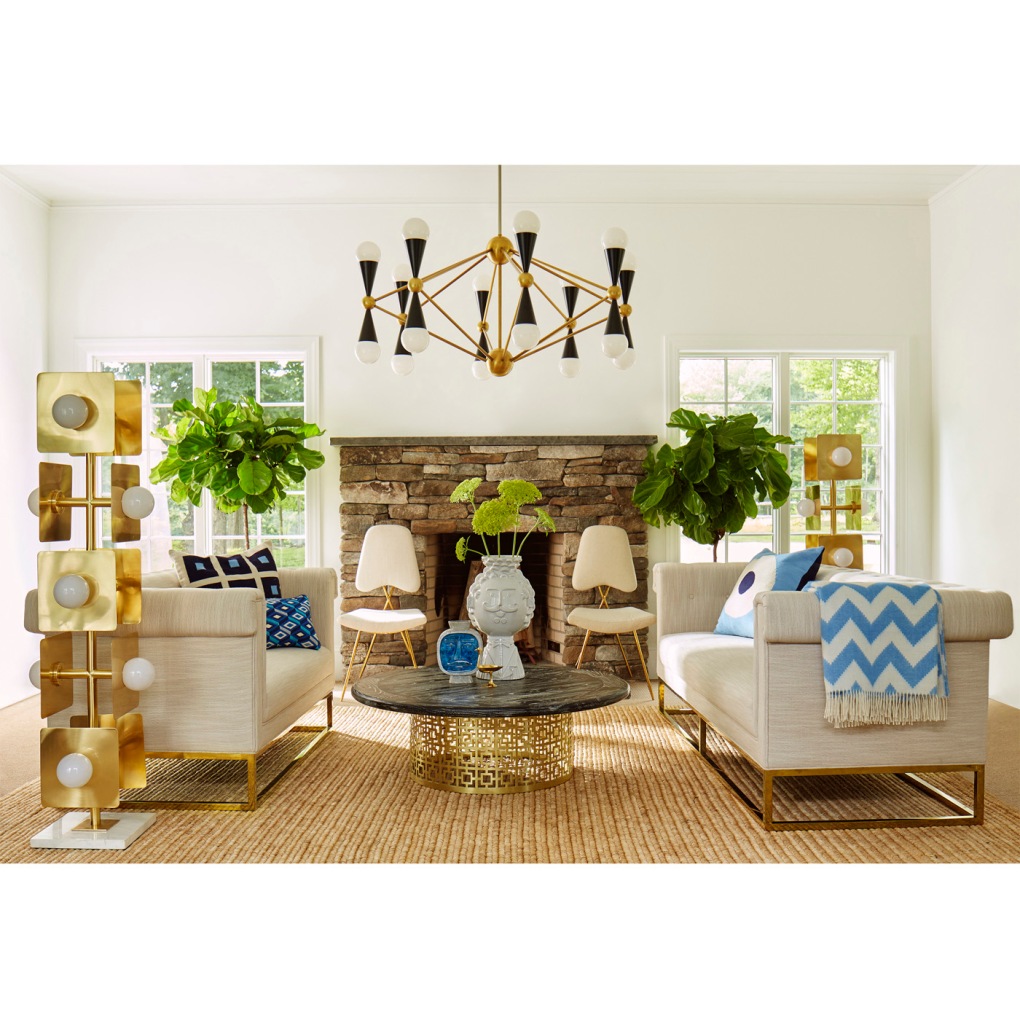 Jonathan Adler Designs: Lighting, furniture, decor. It's all combined to create balanced, colorful beauty. Shown here, the Cain Sofa collection and Nixon Coffee table.