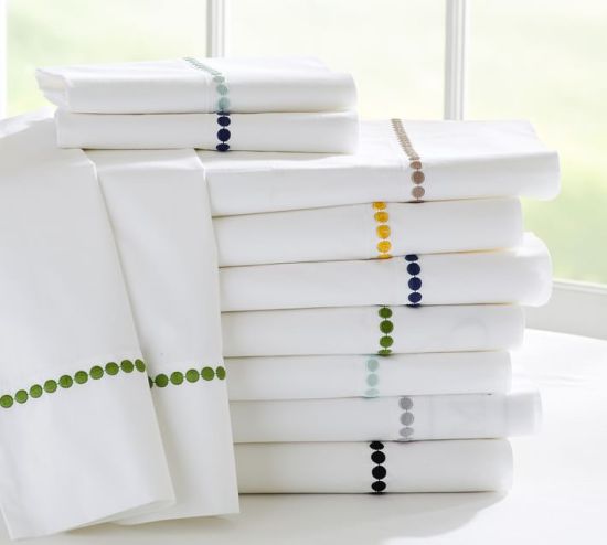 Pearl-embroidered sheets: 280 thread count. They are so soft! And, you can have them embroidered.
